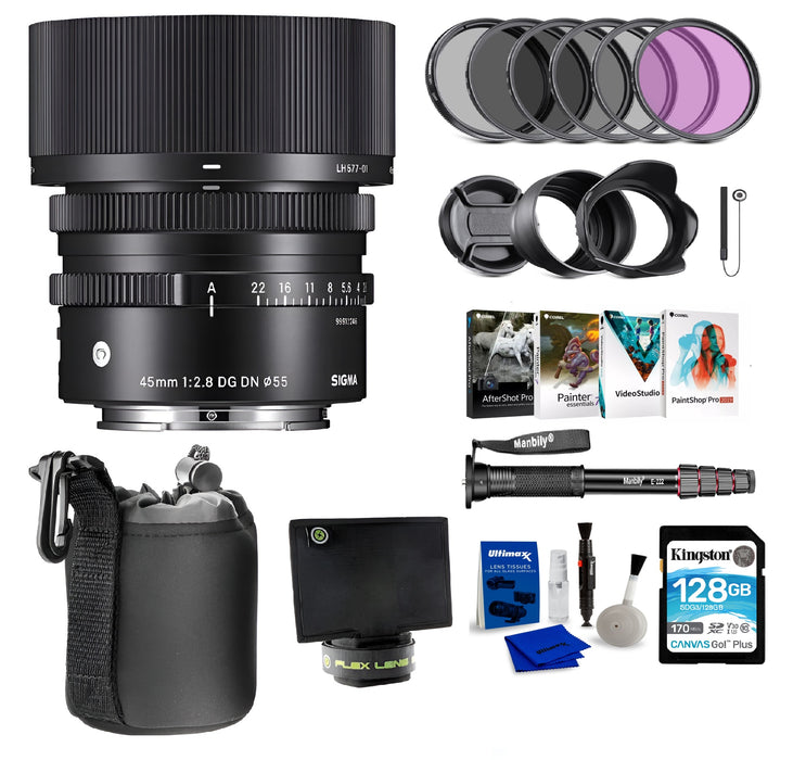 Sigma 45mm f/2.8 DG DN Contemporary Lens for Sony E-Mount With 55mm Filter Kit, Flex Lens Shade, Lens Pouch, Corel Software Kit, Memory Card Bundle And More