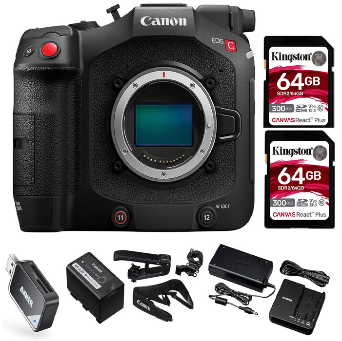 Canon EOS C80 Cinema Camera – Full-Frame 6K RF-Mount Camera with BSI Sensor, C-Log 2/3, Built-in ND Filters & Dual Pixel AF (6389C002) + 2 X 64GB Memory Card + Memory Card Reader Bundle