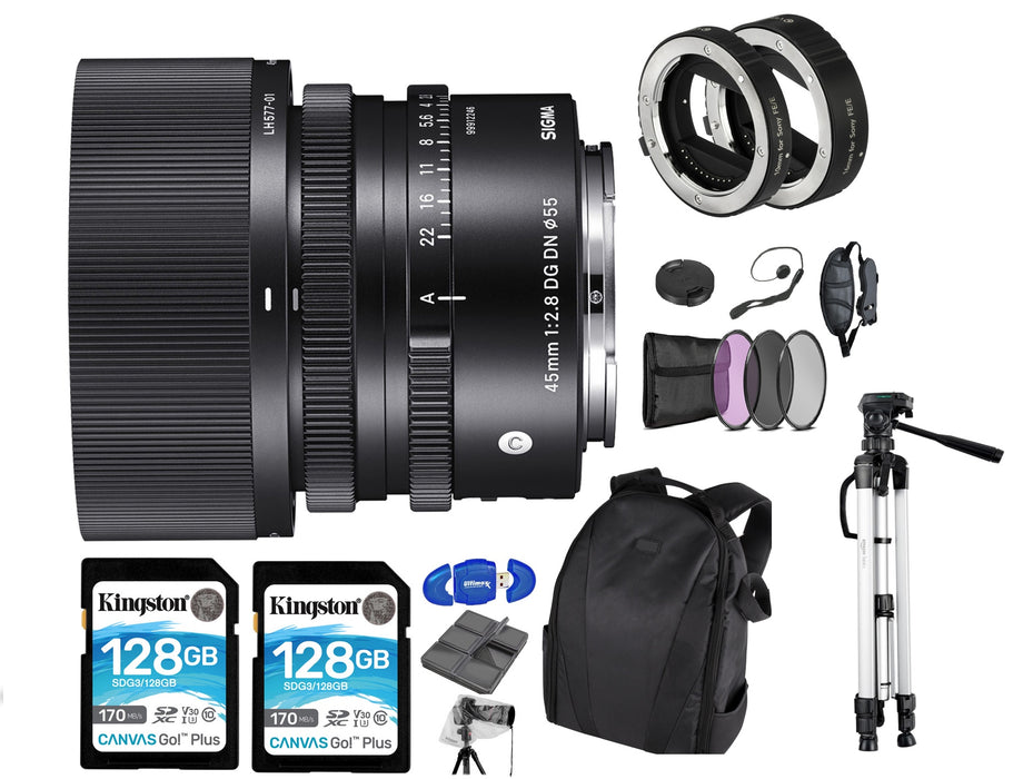 Sigma 45mm f/2.8 DG DN Contemporary Lens for Sony E Professional Bundle with EXT-SFED2 Auto Focus Extension Tubes for Sony E-Mount Lenses, + 2x Kingston 128GB + Tripod + Backpack And More