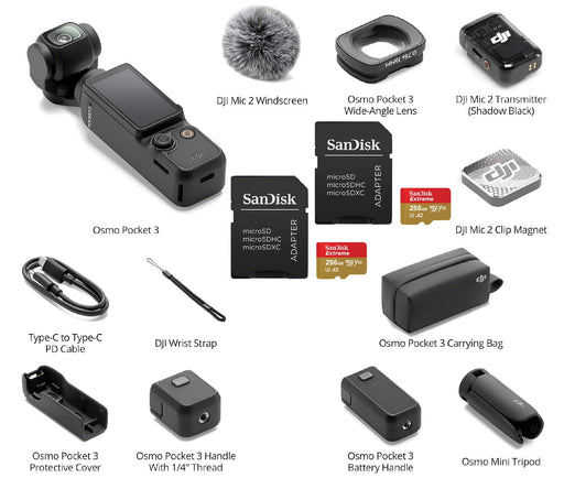Brand New DJI Osmo Pocket 3 Creator Combo 4K Camera 3-Axis + x 2 SanDisk 256GB Extreme UHS-I microSDXC Memory Card & Gimbal Mic Tripod Bundle DJI Ronin
