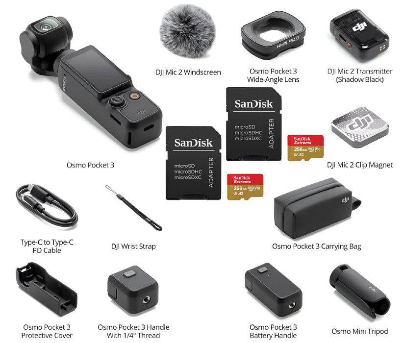 Brand New DJI Osmo Pocket 3 Creator Combo 4K Camera 3-Axis + x 2 SanDisk 256GB Extreme UHS-I microSDXC Memory Card & Gimbal Mic Tripod Bundle