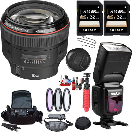 Canon EF 85mm f/1.2L II USM Lens with 2x Sony 32GB Cards | Godox Flash Bundle — view 1