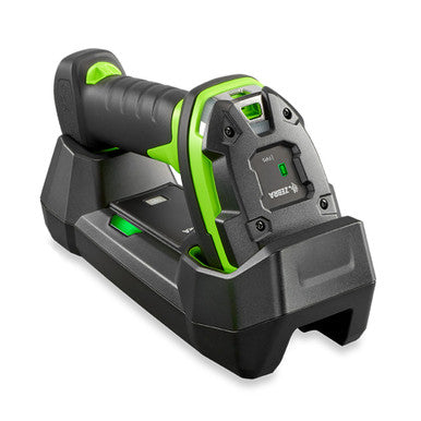 Zebra DS3678-DP ultra-rugged cordless 2D barcode scanner in industrial green, seated in its charging cradle