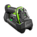 Zebra DS3678-DP ultra-rugged cordless 2D barcode scanner in industrial green, seated in its charging cradle