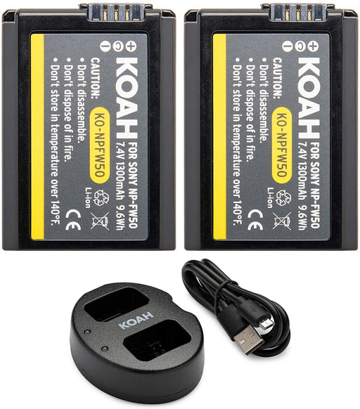 Koah PRO Rechargeable 1300mAh Battery 2-Pack with Dual Charger for Sony NP-FW50