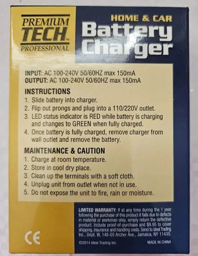Premium Tech 110/240V European Battery Charger for Home and Car