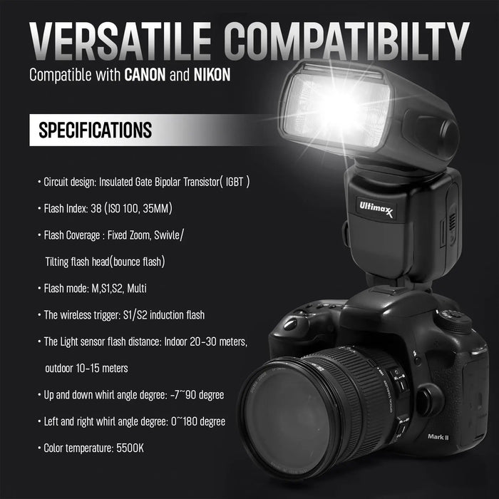 Ultimaxx Auto Camera Flash with LCD, Slave Mode, and Carry Pouch