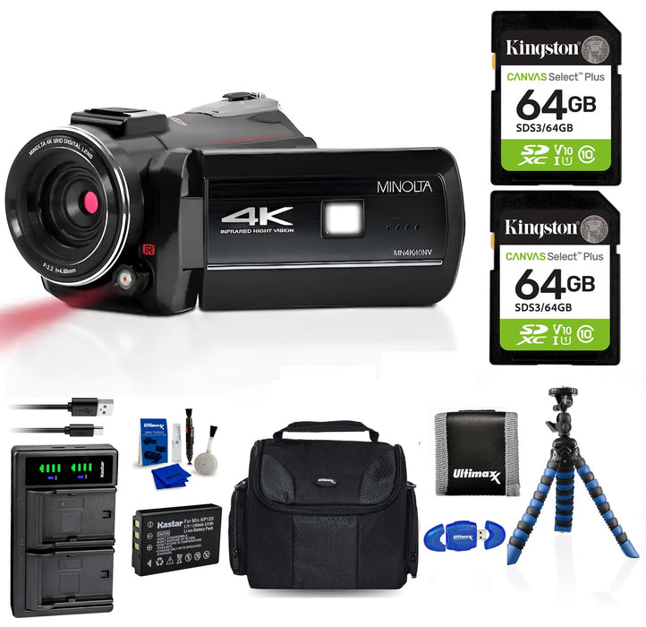 Minolta - MN4K40NV 4K Video 30-Megapixel Night Vision Camcorder + Memory Card  Storage and Accessories Bundle