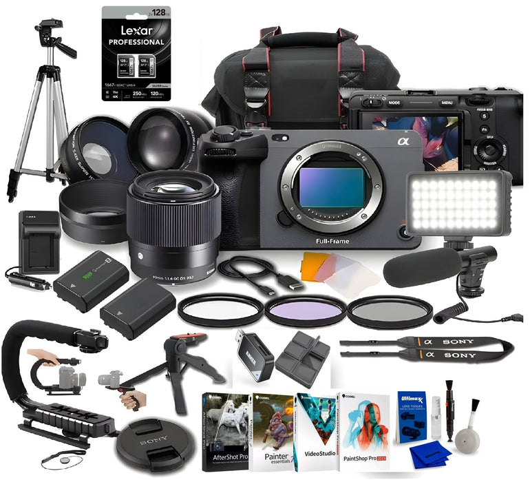 Sony FX3A Full-Frame Cinema Camera With Sigma 30mm f/1.4 DC DN Lens, LED Light, Microphone,Lexar 128GB Extreme Speed, U-Grip, Filters, Tripod, Case, Software, & More Ultimate Video Bundle