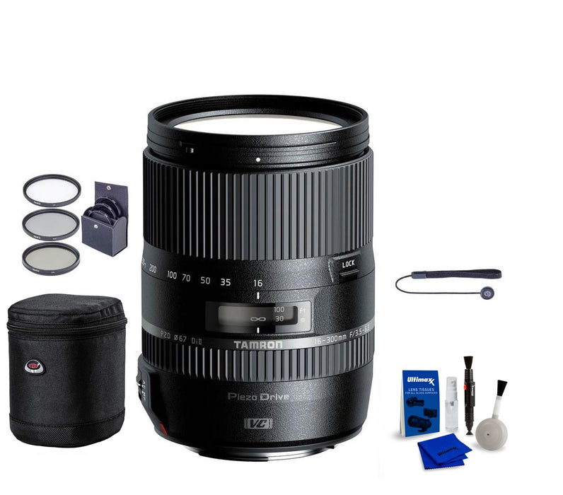 Tamron 16-300mm f/3.5-6.3 Di II VC PZD MACRO Zoom Lens for Nikon AF SLRs - Bundle with 67mm Filter Kit (UV/CPL/ND2), Lens Pouch, Capleash II