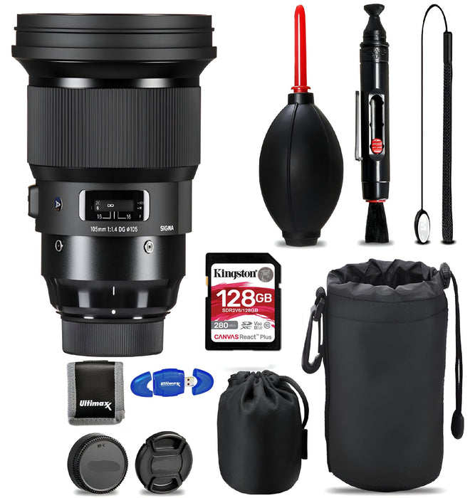 SIGMA 105mm f/1.4 DG HSM Art Lens for Sony E + 128GB SDXC Memory Card + Lens Pouch + Card Reader + Storage Bundle