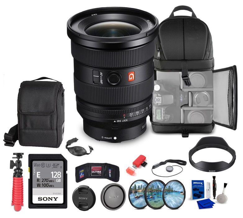 Sony FE 16-35mm F/2.8 GM II Lens (Sony E) (SEL1635GM2) + Sony 128 GB Memory Card + Backpack + 82mm Filter Kit + Table Tripod + Memory Card & Wallet + More