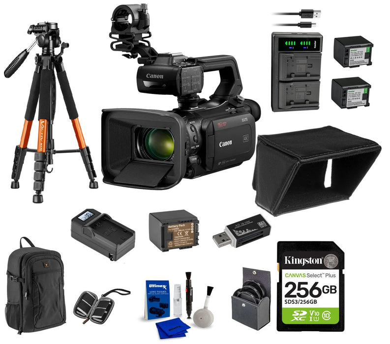 Canon XA75 4K Ultra HD 1" Sensor Compact Professional 15x Zoom Camcorder Bundle + 256 GB SD Card + Backpack + Kastar 2-Pack BP-820 Battery + 74" Tripod + Lens Hood + Charger + 58mm Filter Kit + Cleaning Kit + SD Card Case + Card Reader