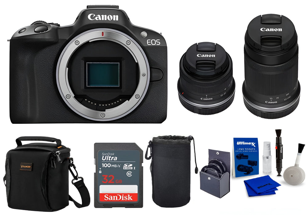Canon EOS R50 Camera, Black with RF-S 18-45mm f/4.5-6.3 + RF-S 55-210mm f/5-7.1 Lens + 32GB SD Card + Shoulder Bag + Lens Pouch + 55mm and 49mm Filter Kit + Cleaning Kit