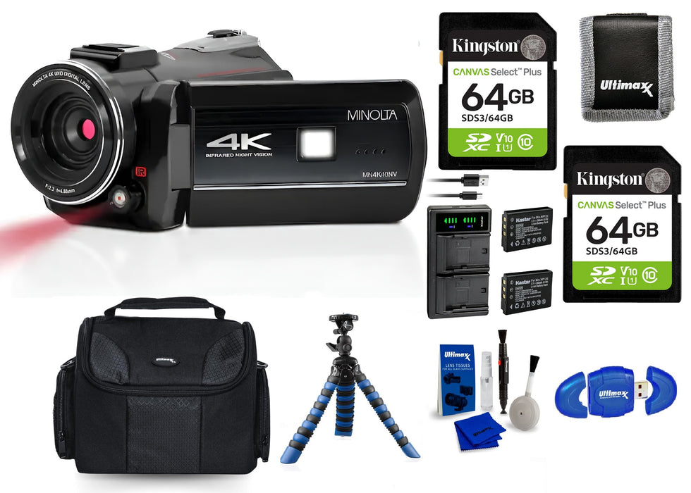 Minolta - MN4K40NV 4K Video 30-Megapixel Night Vision Camcorder Bundle with 2-Pack Battery and LTD2 USB Charger + 64 GB Memory Card + Carrying Case + Memory Card + MC Wallet + Cleaning Kit +