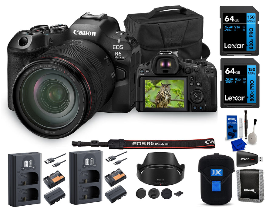 Canon EOS R6 Mark III Full Frame Mirrorless Camera with RF 24-105mm, F4-7.1 IS STM Lens + Ultimate Power & Storage Pro Kit With 2x K&F CONCEPT 2600mAh LP-E6NH Battery and Charger + 2x Lexar 64GB PRO Memory Card + More