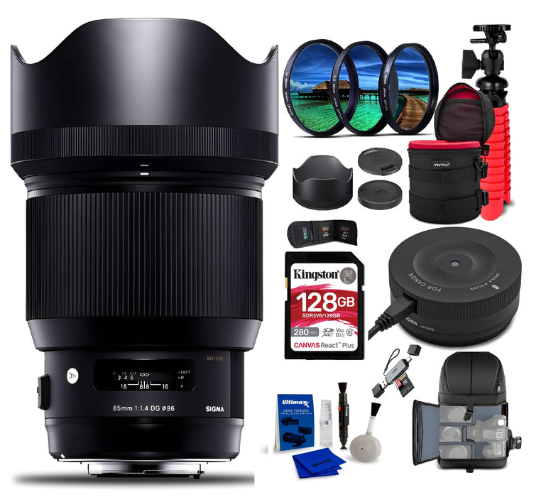 Sigma 85mm f/1.4 DG HSM Art Lens for Canon EF With Sigma USB Dock For Canon Backpack + 128GB Card + Lens Case + Card Reader + 3 Piece Filter Kit + Cleaning Set + Flex Tripod + IR Remote + More