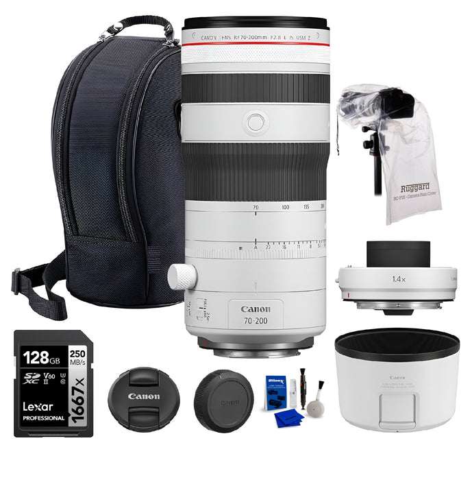 Canon RF 70-200mm f/2.8 L is USM Z Lens – Compact Telephoto Zoom with Image Stabilization for Portrait,(6594C002) + Canon Extender RF 1.4X + Lexar 128GB Memory Card + Rain Cover Bundle