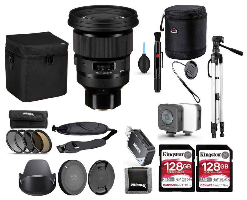 Sigma 105mm f/1.4 DG HSM Art Lens for Sony E +2x Kingston 128GB SDXC MC + Filter Kit + Accessories Pro Bundle