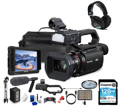 Panasonic HC-X2100 UHD 4K 3G-SDI/HDMI Pro Lightweight Camcorder with 24x Zoom (HC-X2100) + Pro Mic + Monitor + Pro Headphones + Case + LED Light + Tripod + 128GB Memory Card + USB-C Cable + More - Buy Direct & Save