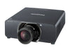 Panasonic PT-DZ8700U WUXGA 3-chip DLP projector, front three-quarter view with zoom lens and dual-lamp indicators, in black