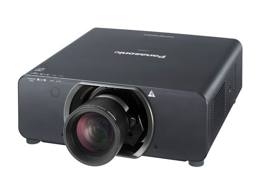 Panasonic PT-DZ8700U WUXGA 3-chip DLP projector, front three-quarter view with zoom lens and dual-lamp indicators, in black
