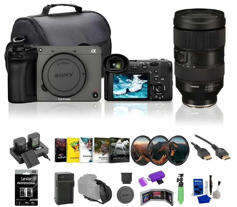 Sony FX2 Full-Frame Digital Cinema Camera with 33MP Sensor and AI Autofocus (ILME-FX2B) + Tamron 35-150mm f/2-2.8 Di III VXD Lens + Lexar 128GB Memory Card (2-Pack) + NP-FZ100 Battery + Lens Filter Kit + Photography Software + Camera Bag + More