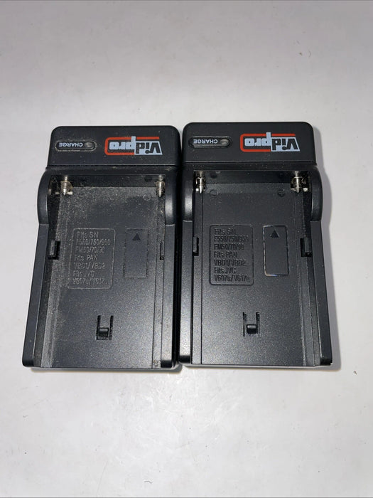 🔌 2× Vidpro Multi-Camera Battery Chargers – JVC V60 • Sony NP-F550/F750/F960/FM50/FM70/FM90 • Panasonic VBD1/VBD2