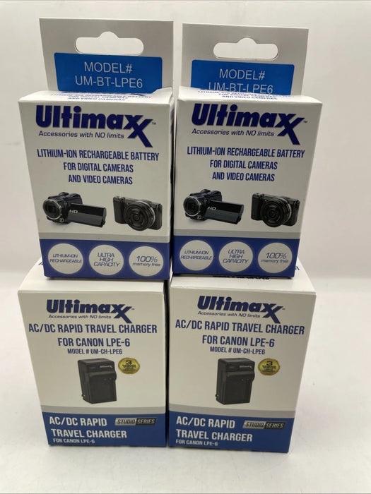 🔋 2× Ultimaxx LP-E6 Lithium-Ion Batteries (Model # UM-BT-LPE6) + 2× AC/DC Rapid Travel Chargers (Model # UM-CH-LPE6)