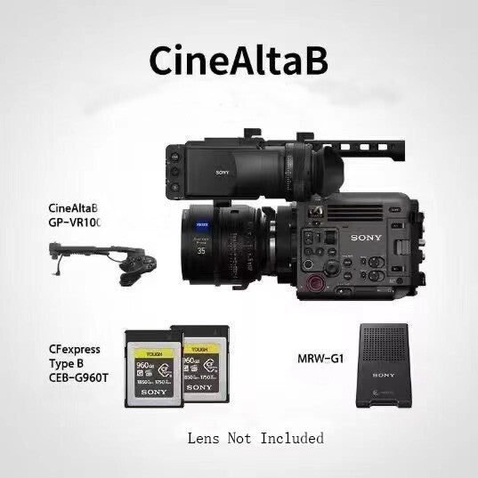 Sony BURANO 8K camera kit contents: CineAlta body with viewfinder, GP-VR100 grip, two CEB-G960T CFexpress Type B cards, and MRW-G1 card reader; lens not included