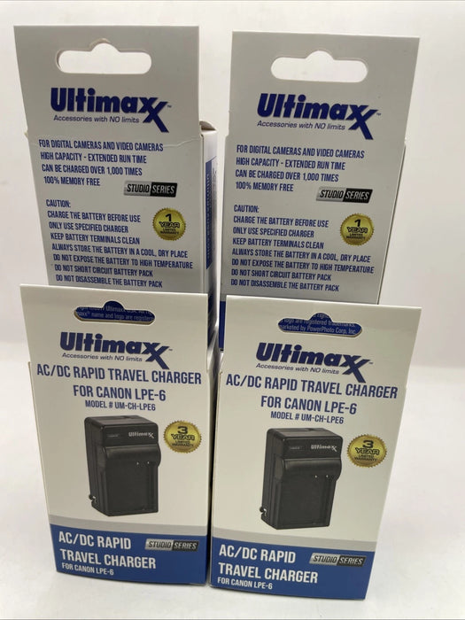 🔋 2× Ultimaxx LP-E6 Lithium-Ion Batteries (Model # UM-BT-LPE6) + 2× AC/DC Rapid Travel Chargers (Model # UM-CH-LPE6)