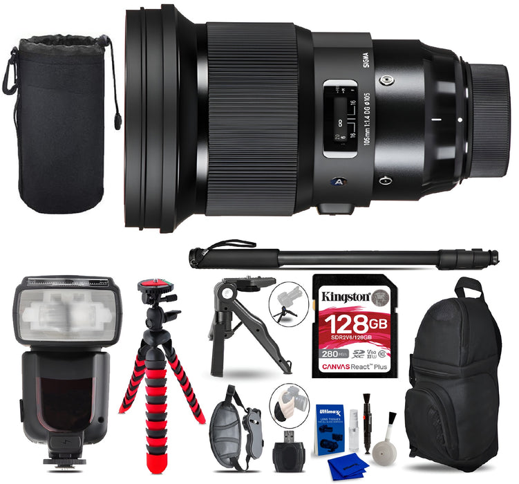 SIGMA 105mm f/1.4 DG HSM Art Lens For Sony E With Monopod + 128GB Plus UHS-II SDXC Memory Card + Photo Tripods & Support Rig Bundle