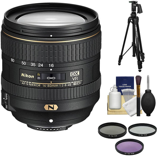 Nikon AF-S DX 16-80mm f/2.8-4E ED VR with 3 Filters | 60" Tripod Kit | Cleaning Kit