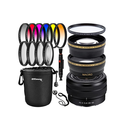 Sony FE 28-60mm f/4-5.6 Lens with Deluxe Filter Accessory Bundle: Water Resistant Lens Pouch, 6PC Gradual Color Filter Kit, 4PC Macro Close-Up Filter Kit & Much More