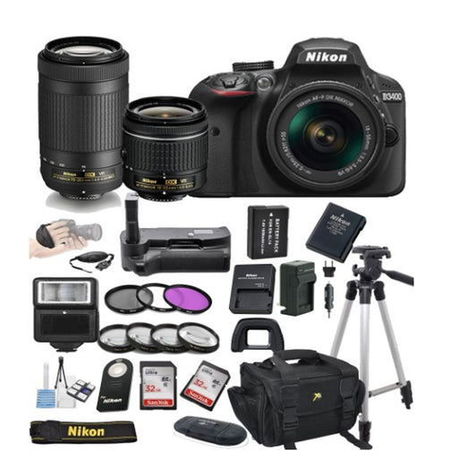 Nikon D3400/D3500 Digital SLR Camera &amp; 18-55mm &amp; 70-300mm VR lenses + 2PC 32gb SD Cards Card+ Battery+Case+Grip+Filters &amp; More