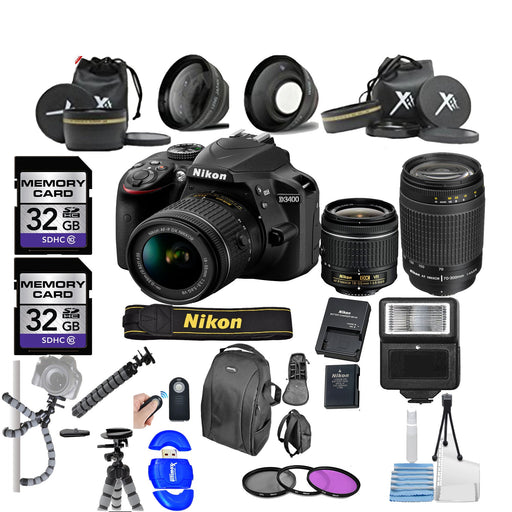 Nikon D3400/D3500 DSLR Camera with 18-55mm and 70-300mm Lenses|2X 32GB MCs|DSLRBag| Wide Angle&Telephoto| Flash| Remote| Tripod| Bundle