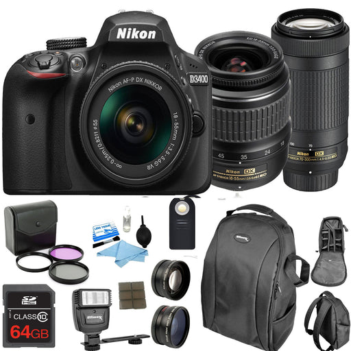 Nikon D3400/D3500 DSLR Camera with 18-55mm Lens & 70-300 Lenses & Nikon Case & 64GB