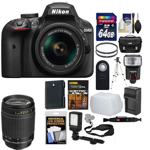 Nikon D3400/D3500 DSLR Camera + 18-55MM VR + 70-300 DX AF Lens + 64GB Card + Case + Flash + Video Light + Battery + Charger + Tripod + Kit