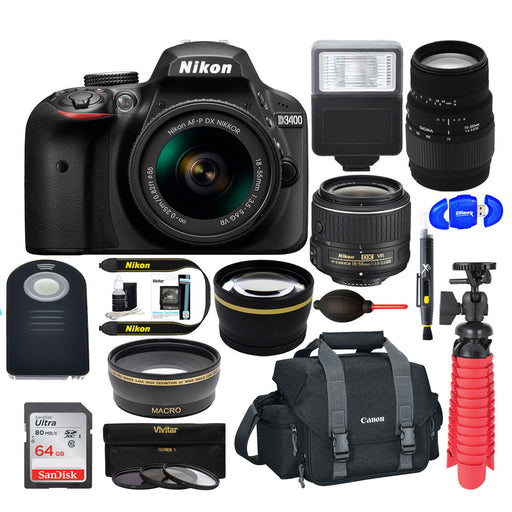 Nikon D3400/D3500 DSLR Camera with 18-55mm Lens (Black) & Sigma 70-300mm SLD DG Lens Package, Black Bundle 64GB SDXC Memory Card Supreme Bundle
