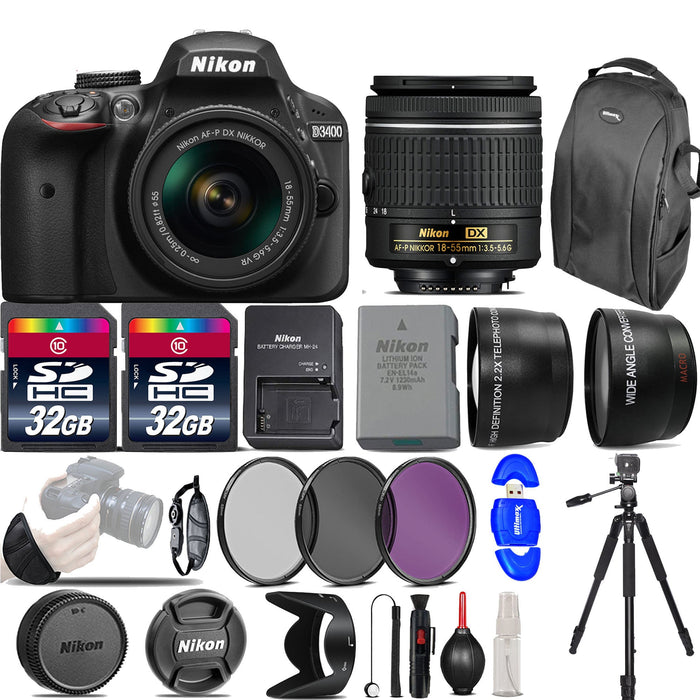 Nikon D3400/D3500 Digital SLR Camera with 18-55mm VR| 3 Lenses kit| 64GB -Great Saving Full Kit
