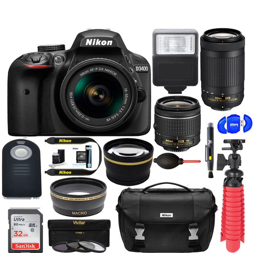 Nikon D3400/D3500 DSLR Camera with 18-55mm & 70-300mm Lenses|32GB MC|Nikon Bag|Wide Angle Lens|2x Telephoto Lens|Flash|Remote|Tripod|Filters