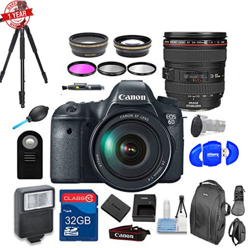 Canon EOS 6D DSLR Camera Bundle with EF 24-105mm f/4L Is USM Lens + 32GB Memory Card + Backpack + Tripod & More!