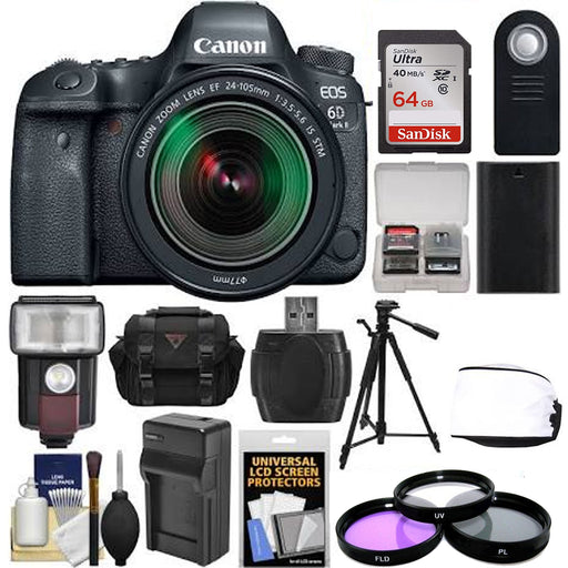 Canon EOS 6D Mark II Wi-Fi Digital SLR Camera & EF 24-105mm IS STM Lens with 64GB Card + Case + Flash + Battery & Charger + Tripod + Filters Kit