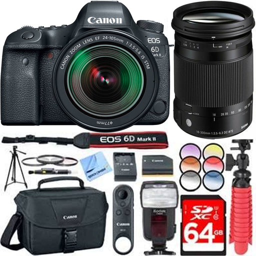 Canon EOS 6D Mark II DSLR Camera with 24-105mm f/3.5-5.6 &amp; Sigma 18-300mm F3.5-6.3 DC Macro Canon Case | Spare Battery | Canon Remote BR-E1 Bundle