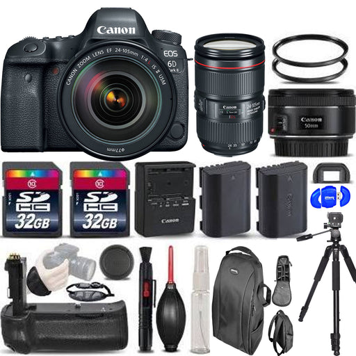 Canon EOS 6D Mark II DSLR Camera with 24-105mm f/4L II Lens |50mm 1.8 | 2X 32GB Memory Cards | Battery Grip & More