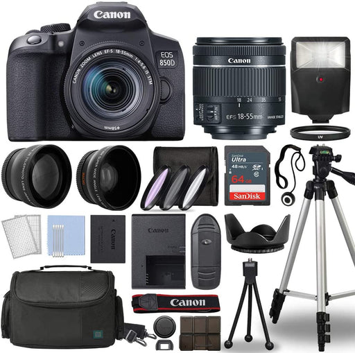 Canon EOS Rebel T8i/850D Digital SLR with EF-S 18-55mm IS STM Lens 3 Lens Complete Accessory Bundle |64GB Memory Card |Flash |Case &amp; More