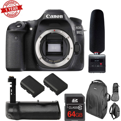 Canon EOS 80D DSLR Camera (Body Only) + Tascam DR-10SG Audio Recorder & Microphone Kit