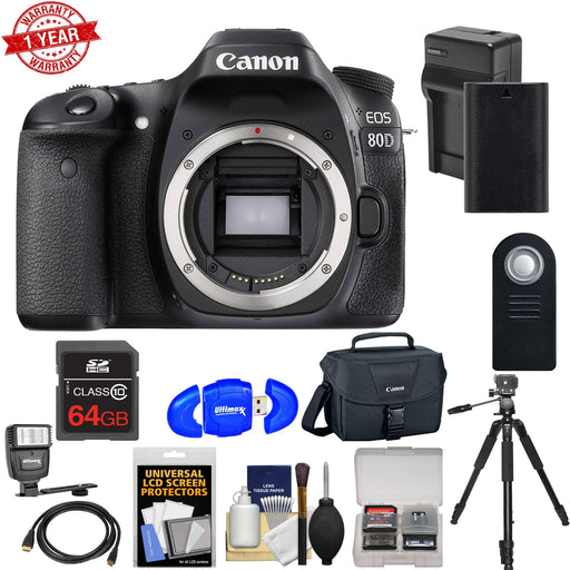 Canon EOS 80D Wi-Fi Digital SLR Camera Body with 64GB Card + Battery & Charger + Case + Flash + Tripod + Deluxe Bundle