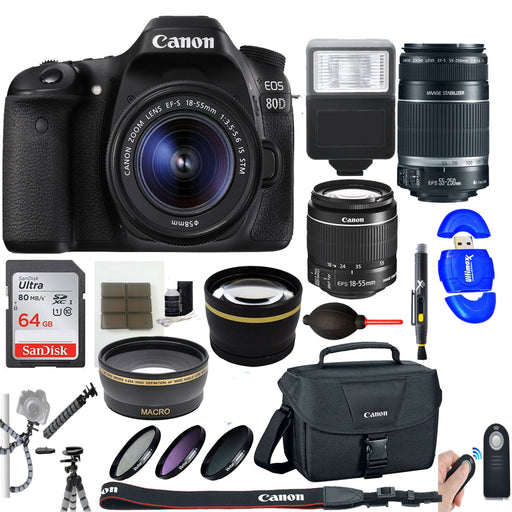 Canon EOS 80D DSLR w/18-55mm STM & 55-250mm IS Lenses Deluxe Essential Bundle