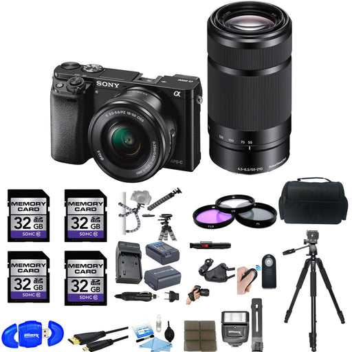 Sony Alpha a6000 Mirrorless Digital Camera with 16-50mm and 55-210mm Lenses (Black) & Four 32GB SD Cards